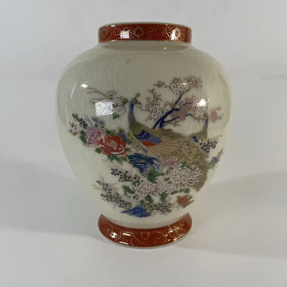 Vintage Japanese Satsuma Style Peacock Vase Crackle Glaze Made in Japan